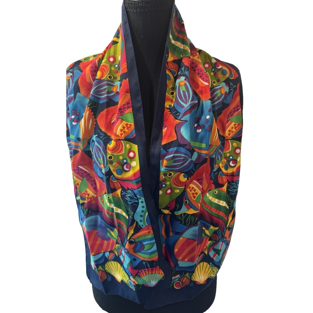 Vintage Fish Scarf Ocean Theme Hand Rolled Bright Colors Travel Cruise Chic